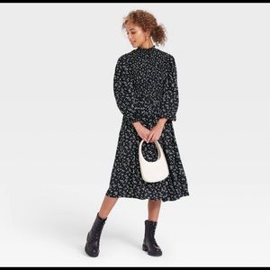 Long sleeve Smocked Dress - Black with white dot design